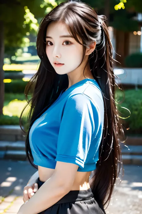 there is a woman with long hair wearing a black and blue shirt, ulzzang, korean girl, heonhwa choe, sakimichan, xintong chen, sun yunjoo, lee ji - eun, lee ji-eun, wenfei ye, jaeyeon nam, park ji-min, jinyoung shin, chiho, yun ling, gongbi