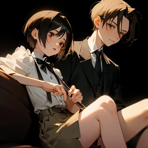 Levi Ackerman With a cute girl shorter than him, with short hair and brown eyes, black background, lighting 