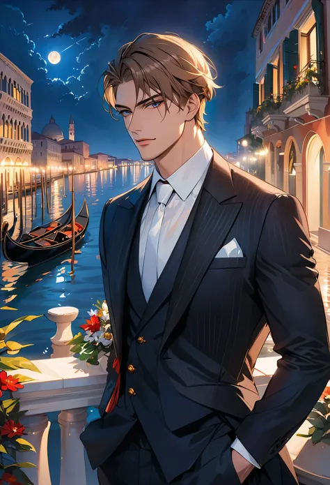 Reincarnation of Roman Emperor Constantine the Great, Independent man, 20th generation, hardworking and competent, skilled businessman, wearing a suit, honest, kind, Although mild-mannered、Ruthless if necessary, lion eyes, bright and sharp eyes, Night view...