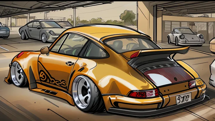 
Porsche 911 rwb, wide body, sketch, 
cartoonish, comic strip, Chip Foose car rendering, chrome wheels, bagged, slammed to the ground, empty parkinglot, style dessin manga, couleur