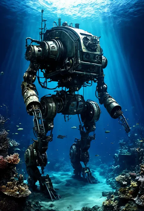 deep sea scenery,the bottom of the sea,abandoned mecha:fusion of futuristic science and steampunk,world without humans,arm,dirty...