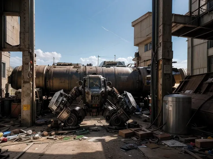 scrapyard, scrapyard of abandoned and dismantled and unused mechanical parts from giants mechs, individual parts, separate heads, separate bodies, separate arms and legs, rust, destruction, holes, broken glass, torn sheet metal, realistic photo, raw photo,...