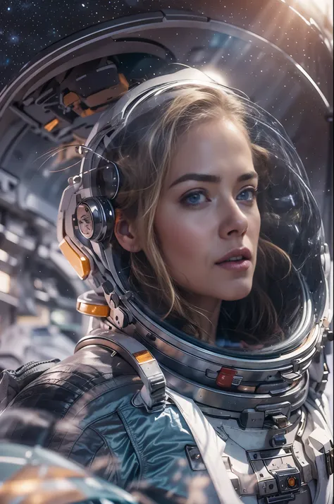 masterpiece, a beautiful 25 years old german blonde girl, solitary female astronaut, desolated planet landscape, space and stars...