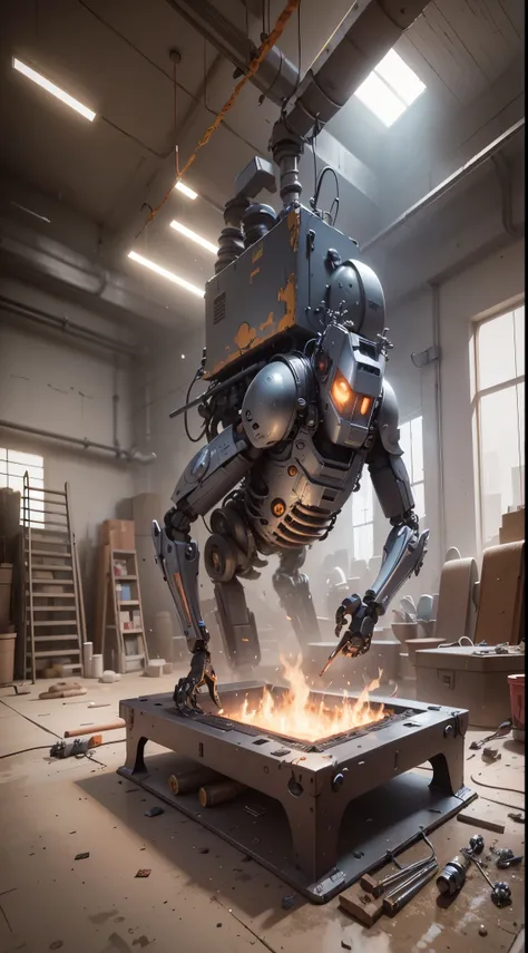 there is a robot that is standing over a fire pit, rolands zilvinskis 3d render art, pitbipe casting, 3 d octano render conceptart, concept art Octane rendering, Beeple e Mike Winkelmann, 3 d render bipe, Greg Rutkowski. Octane render, bipe. Octane render