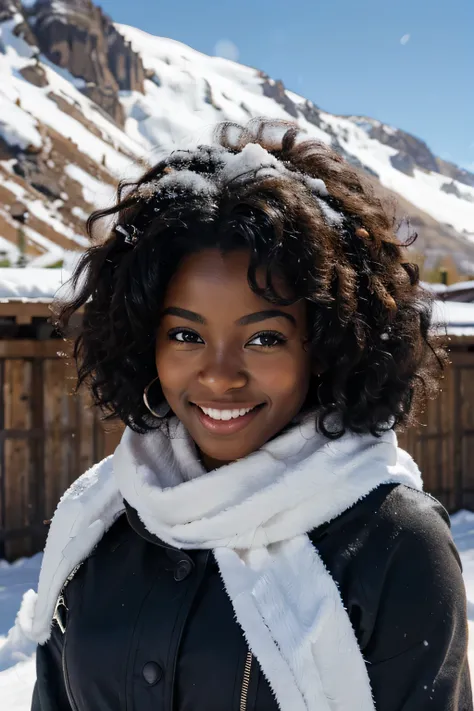 beautiful dark skin girl afro hair ,smiling face in the mountain with snow