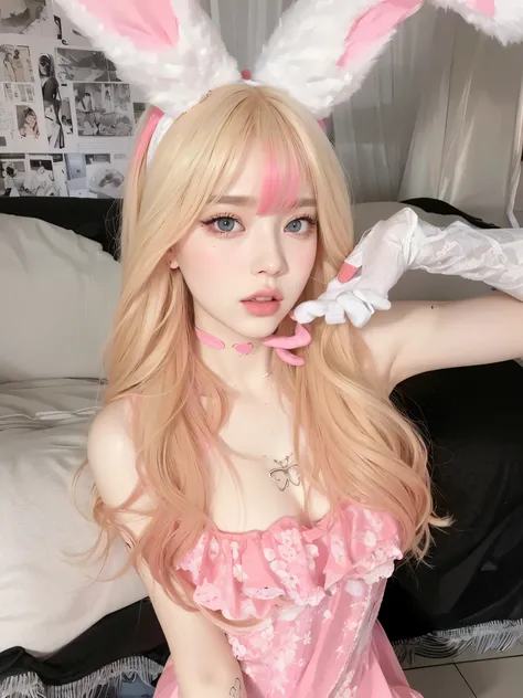 Blonde woman with long hair holding a white cell phone., retrato de kim petras, maquillaje popular de corea del sur, Retrato de Jossi de Blackpink, Parque Roseanne de Blackpink, ulzzang, maquillaje coreano popular, cruel korean gothic girl, ava max, con el...