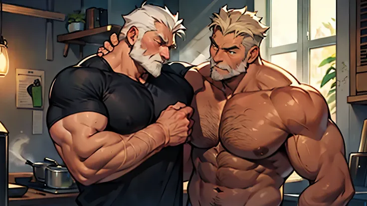 muscle size difference , ((1boy) huge muscular old man), 1boy muscular middle age holding old man arm muscle