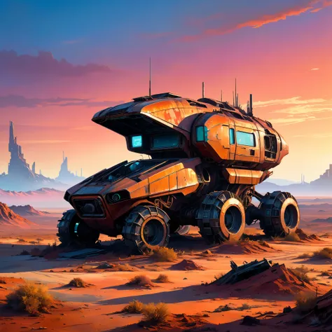 Post-apocalyptic scene, In the fading light of the zero dawn horizon, an abandoned futuristic machine, with wear and tear visible, stands alone on a desolate planet. Paint the scene with intricate details, rust-colored metallic tones, and neon accents, evo...