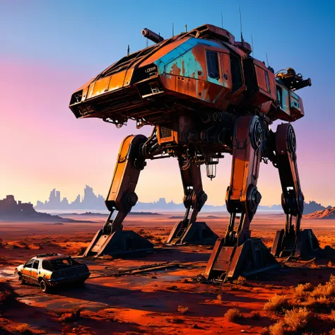 Post-apocalyptic scene, In the fading light of the zero dawn horizon, an abandoned futuristic machine, with wear and tear visible, stands alone on a desolate planet. Paint the scene with intricate details, rust-colored metallic tones, and neon accents, evo...