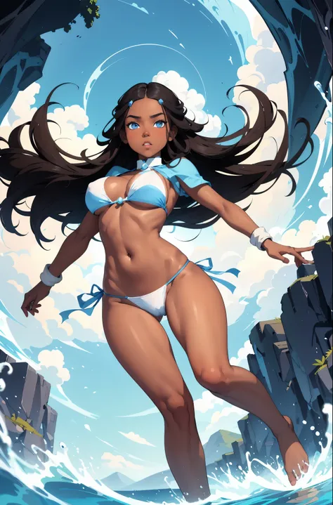 (masterpiece, best quality), 1girl,  katara, no bikini, big breasts, dark skin, dark-skinned female