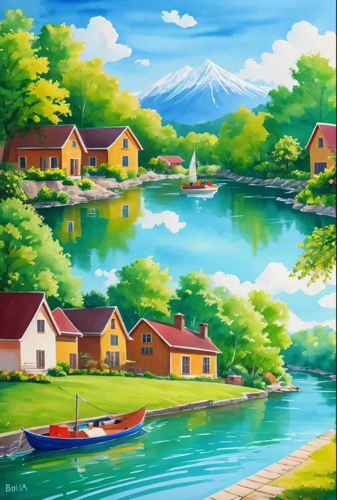 painting of a boat with a sail on a river with a house in the background, traditional painting, vibrant gouache painting scenery, artistic painting, nature painting, painting of beautiful, scenery artwork, in a serene landscape, paiting, water painting, oi...