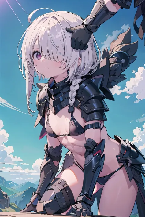 masterpiece, mountainous horizon, black robe, (((((black bikini armor))))), nsfw,　, 1 girl, blonde, Ruby Eye, ((((((hair over one eye,)))))), Braidスタイル, spike hair, dull bangs, bob hair, Braid, Ahoge, cute eyes　looking at the viewer　From the side, ((from f...