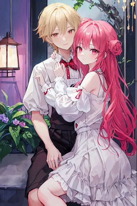 highest quality　master piece　man and woman couple　girl looking straight at the camera，Wear a tight skirt and white puff sleeve shirt。boy hugs girl from behind。boy in red shirt，white curly hair girl。no glasses、intimacy、look from bottom to top、girl sitting，g...