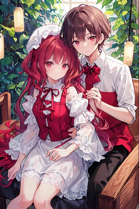 highest quality　master piece　man and woman couple　girl looking straight at the camera，Wear a tight skirt and white puff sleeve shirt。boy hugs girl from behind。boy in red shirt，white curly hair girl。no glasses、intimacy、look from bottom to top、girl sitting，g...