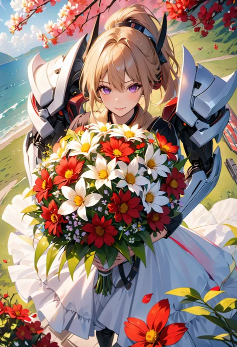 hyper quality、8K quality、High resolution、Image quality taken with a single-lens reflex camera、perfect anatomy、purple eyes、with an evil smile、mecha girl、villain、blonde、combined robot、beautiful girl、Mechanical parts with a three-dimensional feel、BREAK、(Holdi...