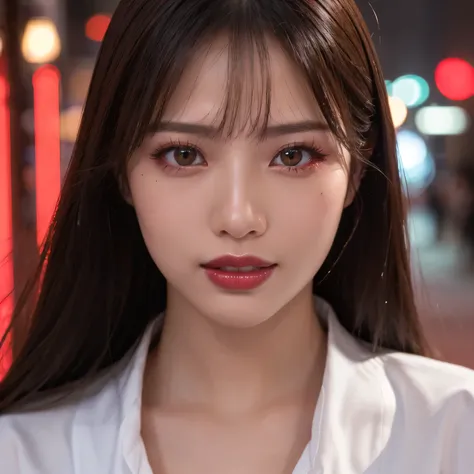((highest quality、table top、8k、best image quality、very intricate and detailed details))、one high school girl、(close up of face:1.5)、(perfect polyester white shirt:1.1)、Please look at me、Walking through the streets of a moody night red light district、Deep p...