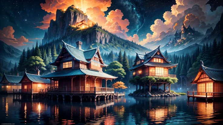 A little house floating on the lake at night illuminated by glowing blue sky, ghibi, lazure and orange colors, perfect clouds, by studio ghibli painting, superior quality, masterpiece, traditional Japanese colors, concept art, masterpiece:1.4, extremely de...