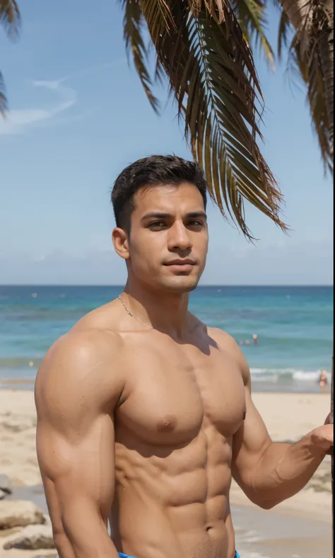 Um Homen, extremamente realista, muito forte, fitness, musculoso, em uma praia