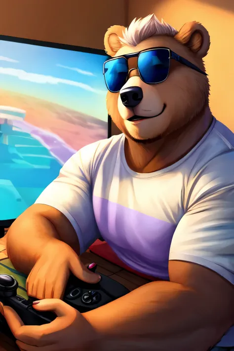 Platinum Bear wearing sunglasses playing video games