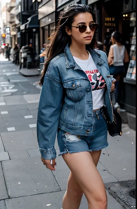 Capture her walking down a busy city street during the day. Shes dressed in trendy streetwear, such as a graphic tee, denim jacket, and sneakers, accessorized with a statement bag and sunglasses. The background showcases the hustle and bustle of urban life...