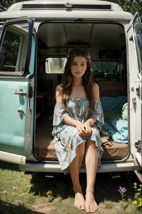  A flower-filled meadow with a vintage camper van in the background. Flowy bohemian dress with layered jewelry, barefoot with wildflowers in her hair , focus on the models face -- hyperrealistic --ultrahd image -- award winning image