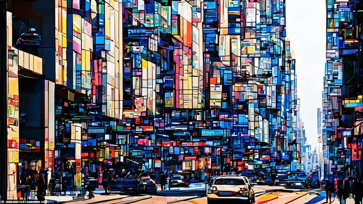 Combination orthogonal black grid lines and secondary color blocks, like the grid of big city streets full of vehicles and people on the move