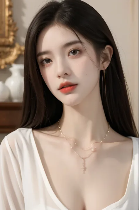 Master Works, Masterpiece, High Quality, High Definition, 32K，A girl, bust, upper body, white body shirt, eyes, fair skin, delicate makeup, necklace, long  hair