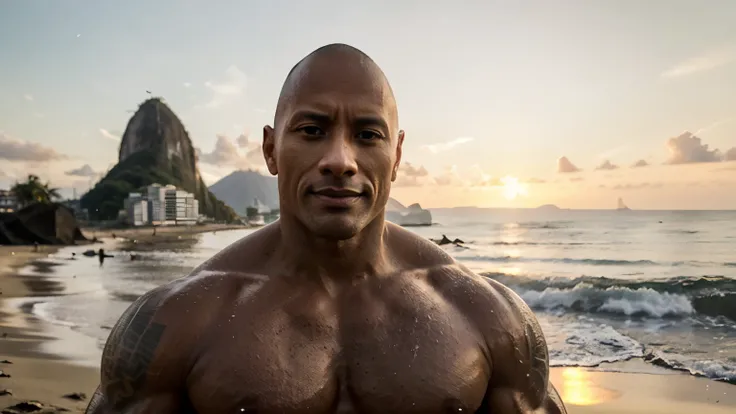 Dwayne johnson on a Rio de Janeiro beach, sunset, warm lighting, sugar loaf behind