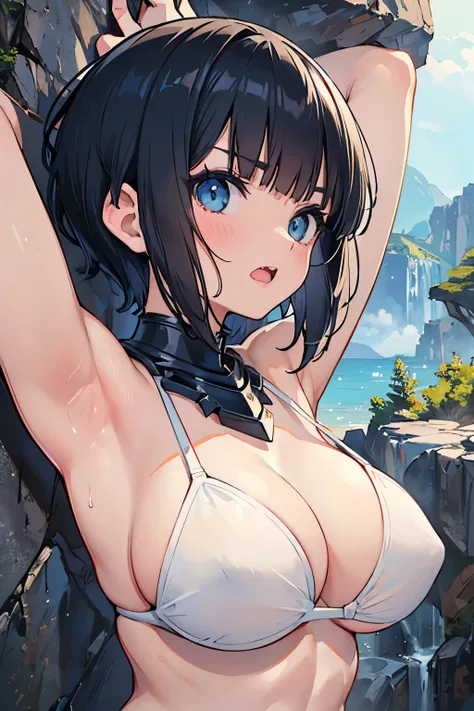 masterpiece, mountainous horizon　Upper body, big breasts, (((white bikini armor))), nsfw,　, , black hair　blue eye, ((very short back hair)), blunt bangs, bowl cut hair, cute eyes　looking at the viewer　((from front)), open mouth, orgasm, ((abs)) smile, ((lo...