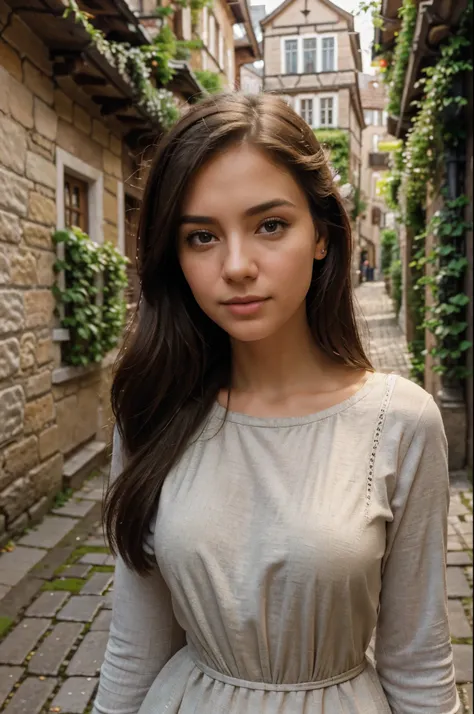  Frame the influencer in a hyper-realistic image as she explores a charming cobblestone alleyway in a historic European city. Utilize shallow depth of field to draw focus to her captivating gaze, while the quaint architecture and soft natural light provide...