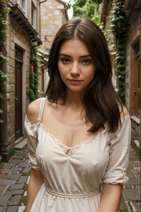  Frame the influencer in a hyper-realistic image as she explores a charming cobblestone alleyway in a historic European city. Utilize shallow depth of field to draw focus to her captivating gaze, while the quaint architecture and soft natural light provide...