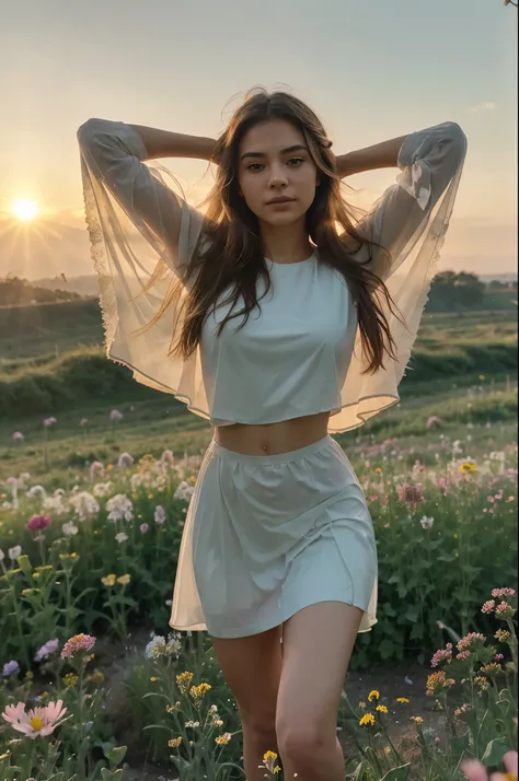 Create a hyper-realistic image of the influencer standing amidst a field of wildflowers at sunrise. The dew-kissed petals and soft morning light lend a surreal quality to the scene, enhancing the models natural beauty and serenity. Every detail, from the d...