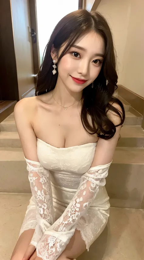 ((best quality, 8k, masterpiece: 1.3)), 1 girl, perfect body beautiful: 1.3, (Long hair parted in the middle), (Queen), (big breasts), (Wedding dress), Super thin face, exquisite eyes, double eyelids, Smile, Short bandeau skirt, lace, whole body, long legs...