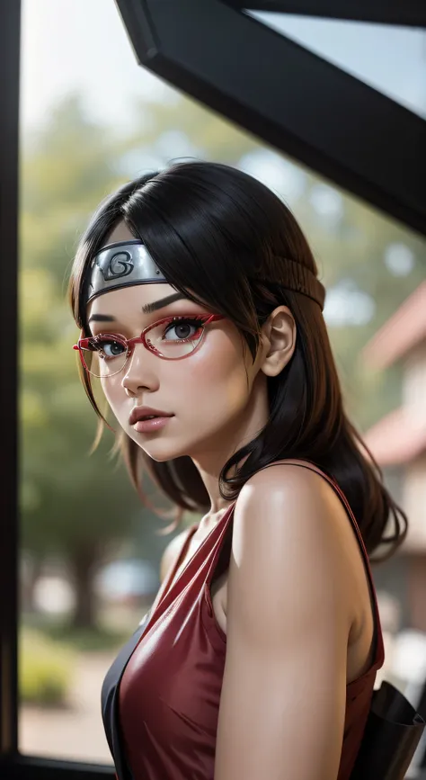 Imagem de Sarada Uchiha com Sharingan ativado, vestindo um kimono vermelho de gola alta sem mangas em estilo realista. Create a detailed depiction of Sarada Uchiha in a dark and stormy environment, com raios iluminando a paisagem. Highlight Saradas determi...