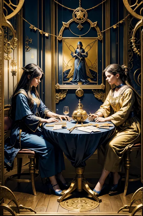 The Three of Pentacles tarot card shows three persons working together on some object or project. They are sitting at a table and working with tools. There are 3 pentacles above them They symbolize collective effort, interaction and cooperation, stylized i...