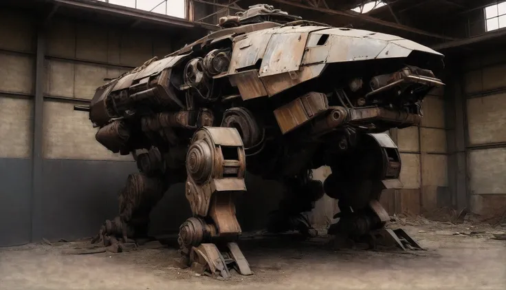 Abandoned giant war mech, partially covered (with various fabric sheets and metal sheets) broken and decaying war mech in abandoned warehouse, covered with a lot of dust, sits leaning against the wall of the warehouse, partially covered , rust, dismembered...