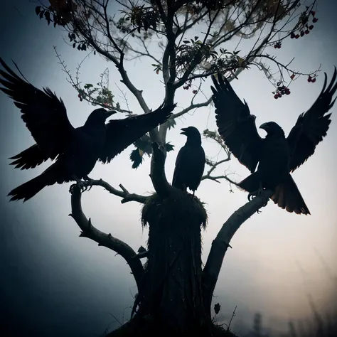 12 ravens on a branch with satanic and horror atmosphere