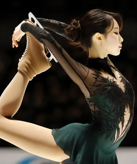 25 year old asian woman, clear makeup, long eyelashes, figure skater, woman with acting skills, alone, capturing the final pose ...