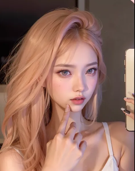 Theres a woman whos looking at her cell phone, maquillaje popular de corea del sur, tono de piel rosa pastel, ulzzang, parque roseanne de blackpink, maquillaje coreano popular, pelo liso rosa, con cabello rosado, retrato de jossi de blackpink, Lalisa Manob...