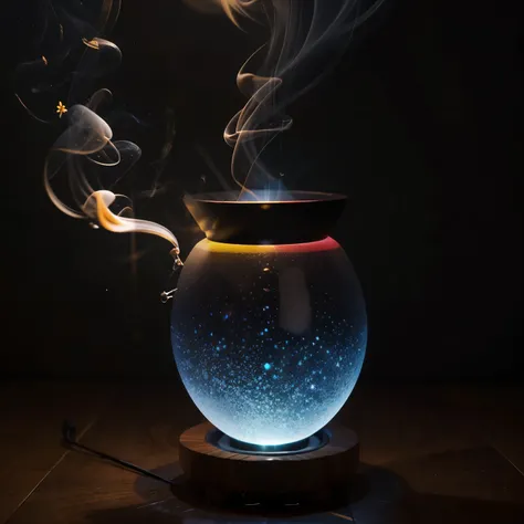 One is in the center of the image, creating a bright glow that illuminates the name. The modern incense burner has a wonderful color. The incense burner emits thick, colorful smoke that forms a noun "Cooing" Up in the air. The incense contains different sh...