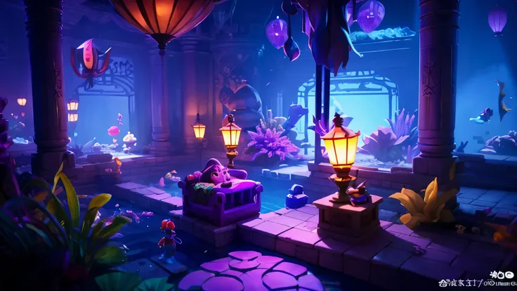 underwater temple。Purple。disney animation。Villains。dim。light shining in。Indoor view。lots of lamps。