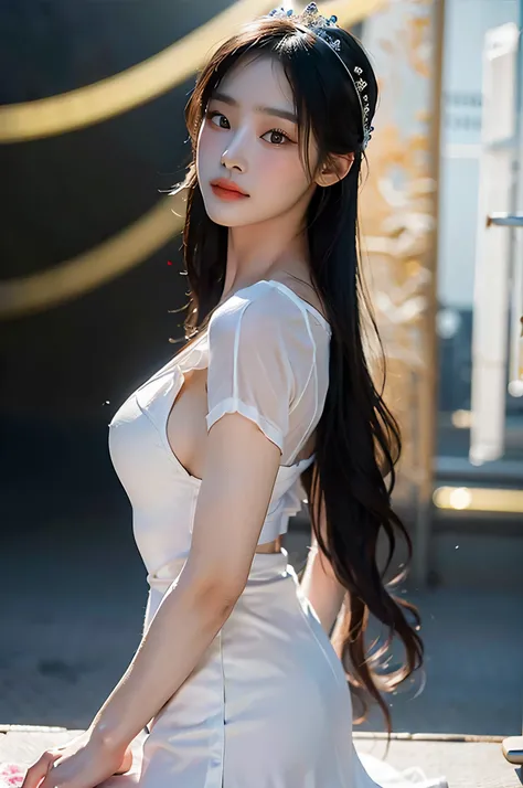 (highest image quality), (masterpiece), (vibrant, photography realistic, Realistic, Dramatic, Dark, Sharp focus, 8K), Close up Face, Highly detailed face and skin texture, sexy wedding dress, beautiful wedding dress, ethereal beauty, mature asian woman,bla...