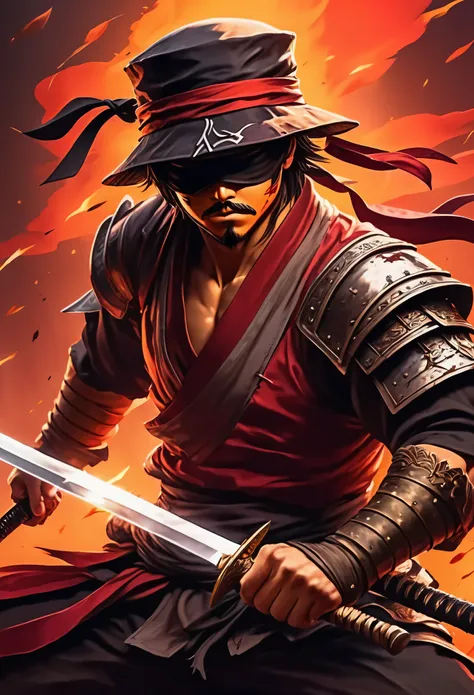 a hat wearing blindfolded anime warrior drawing his sword, he has a scarred lean body, deep voice, fiery background, charging for war