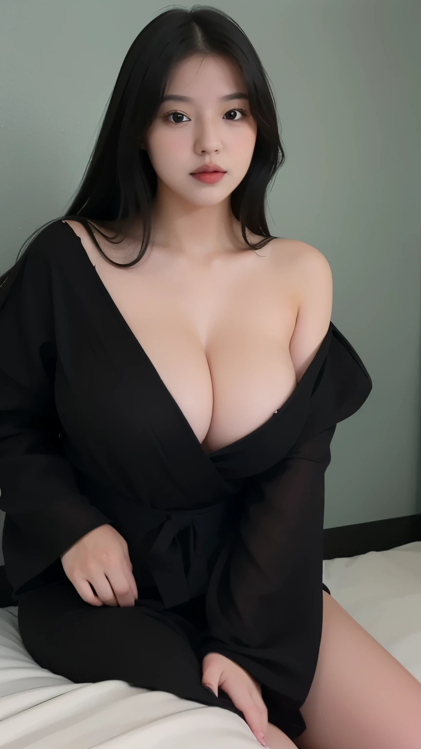 ((Best quality, 8k, Masterpiece :1.3)), Image of a Malay pretty girl superidol. Long black hair:1.3. (Beautiful Malay girl in kimono), ((black kimono)). Big breasts:1.3, close up cleavage. ((Bare shoulders _depth of field)), atmospheric perspective, Volume...