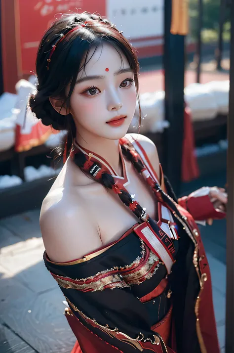 (highest image quality), (masterpiece), (vibrant, photography realistic, Realistic, Dramatic, Dark, Sharp focus, 8K), Close up Face, Highly detailed face and skin texture, wearing red korean king traditional outfit, ethereal beauty, mature asian woman,blac...