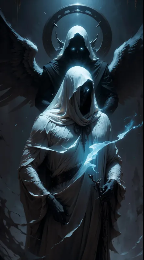 Striking illustration of the Angel of Death., A mysterious and ethereal figure who guards the threshold between life and death.. His presence is enigmatic and powerful...., con alas inmensas que se extienden hacia el horizonte y una mirada penetrante que t...