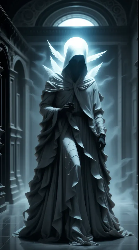 Striking illustration of the Angel of Death., A mysterious and ethereal figure who guards the threshold between life and death.. His presence is enigmatic and powerful...., con alas inmensas que se extienden hacia el horizonte y una mirada penetrante que t...