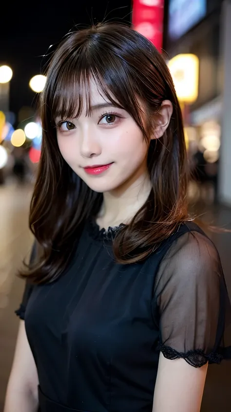 table top, highest quality, shape, Super detailed, finely, High resolution, 8k wallpaper, 完璧なダイナミックな構shape, finelyて美しい目, wearing a black dress,medium hair,natural color lip, smile,Harajuku、teenage girl、cute、looking at the camera、C cup、brown hair、Blurred ni...