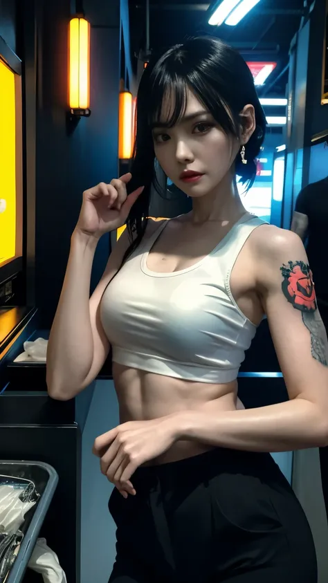 (highest quality)，masterpiece，Super detailed，8K, UHD，Beautiful woman，japanese woman，No expression，whole body，((tattoo))，slim，black slacks，white tank top，(female mafia)，gangster，(cyberpunk city)，night，cinematic lightening，underworld