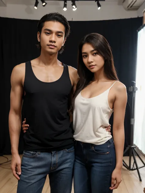 a handsome young Indonesian man with neat hairstyle, mens clothes, shirt and jeans. took a photo together with a beautiful young Indonesian woman with long, wavy shoulder length hair dressed in an elegant black tank top. in a photo studio